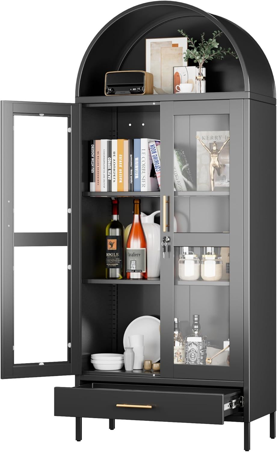 Metal Arched Display Cabinet With Lock, Modern Arch Kitchen Pantry Storage Cabinet With Glass Doors 1 Drawer For Living Room, Bookshelf, Assembly Required Black