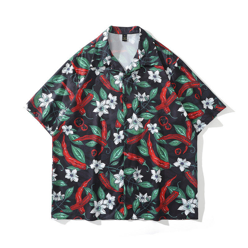A short-sleeved chemical fiber shirt featuring a black and white floral pattern with a lapel collar.