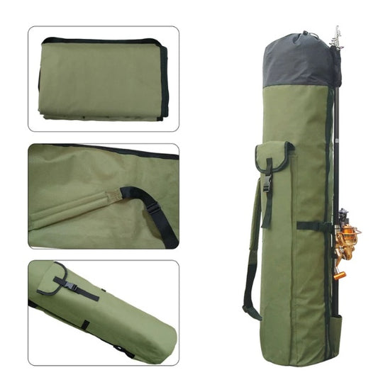 Green fishing rod bag with multiple views on a white background