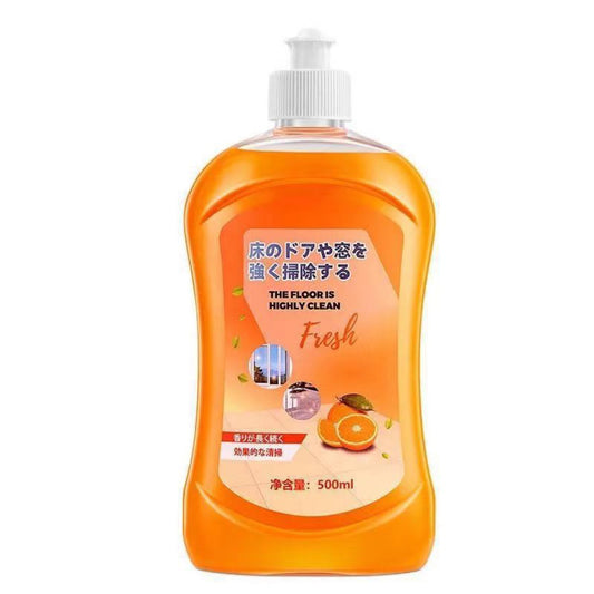 Orange cleaning bottle with a white cap on a white background