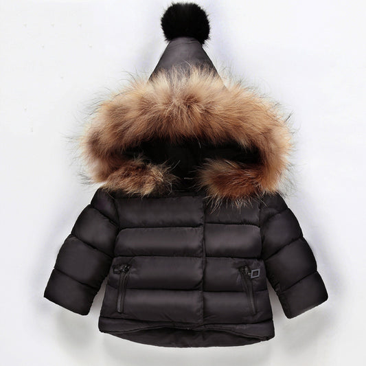 Black children's puffer jacket with fur-lined hood on a white background