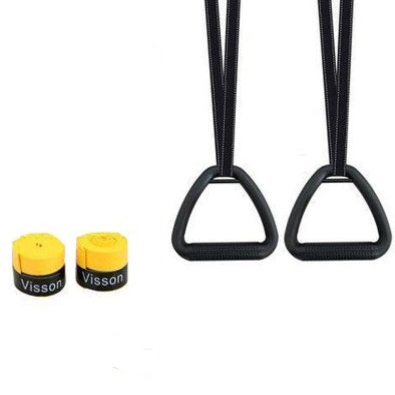 Two black trapeze straps with yellow ends and 'Visson' branding, on a white background.