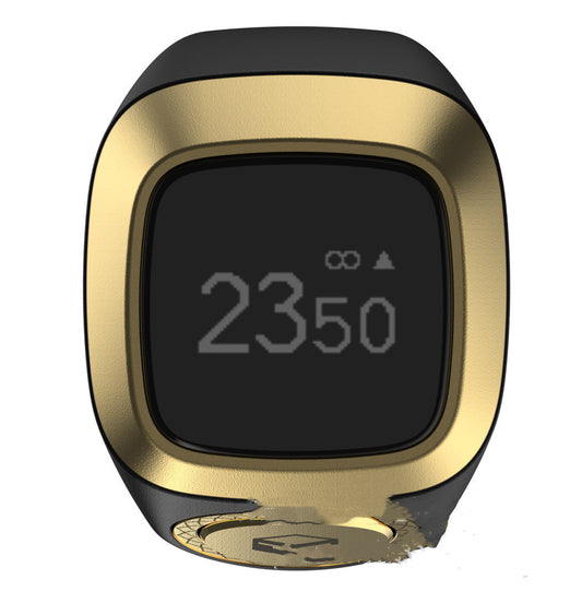 Gold and black digital device with a screen displaying '2350' on a white background