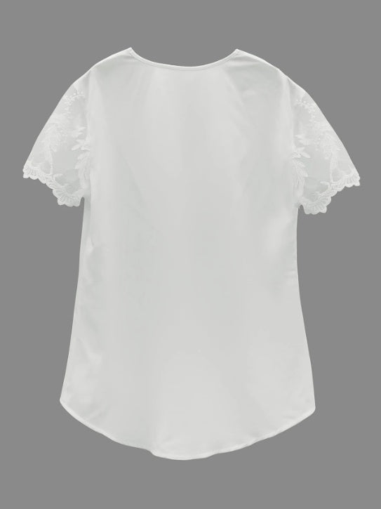 Contrast Lace Tucked Blouse, Casual V Neck Short Sleeve Blouse