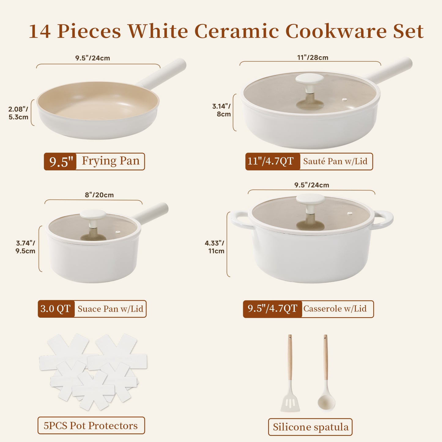 Ceramic Cookware Sets 17pcs, Pots And Pans Set Non Stick, Healthy Induction Kitchen Cooking Set With Removable Handles, Stackable Pots Pans, Oven Safe, PFOA,PFOS Free, Beige
