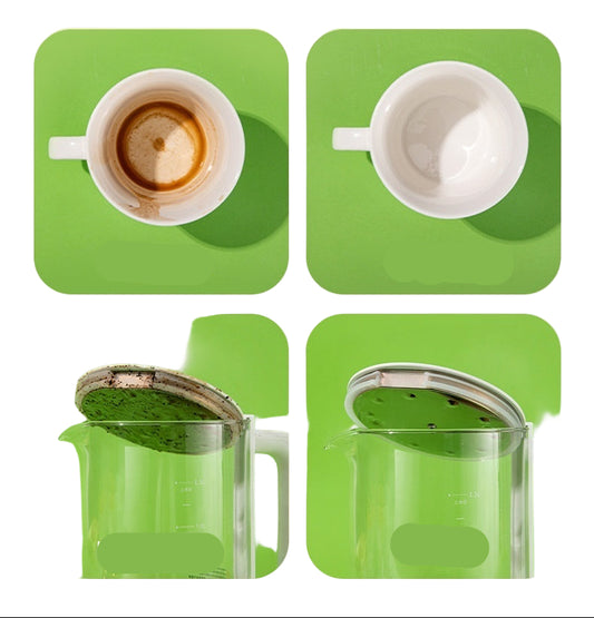 Before and after cleaning effects of a kitchen cleaning product on a cup and glass.