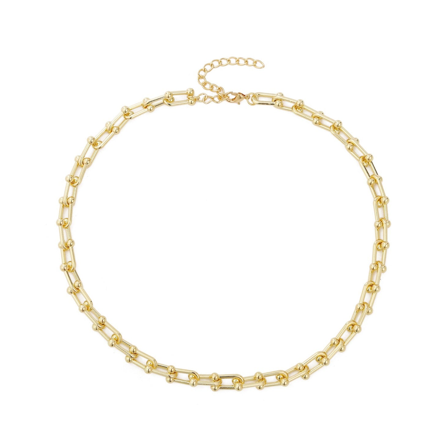 Gold necklace with measurement details on a white background