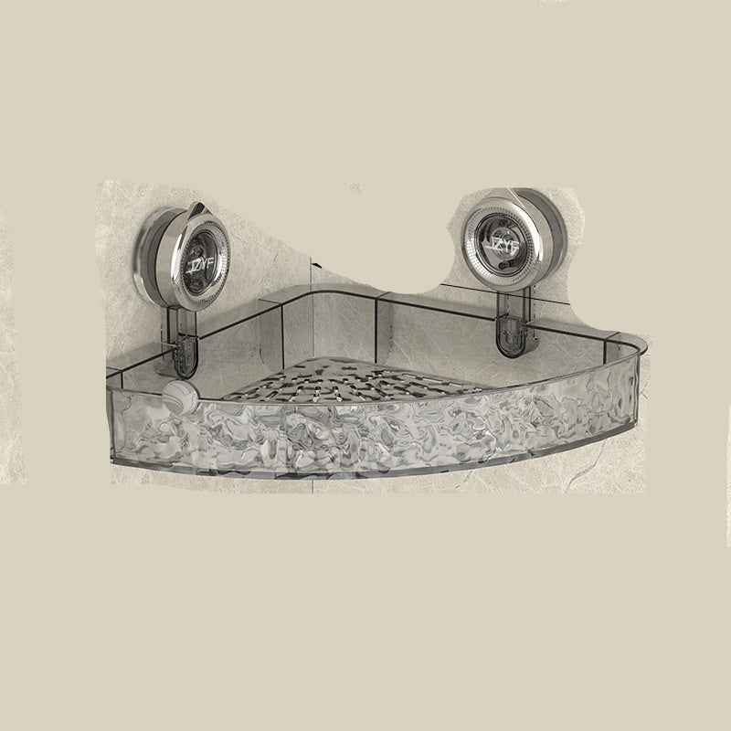 Fan-shaped storage rack with dimensions and features on a beige background