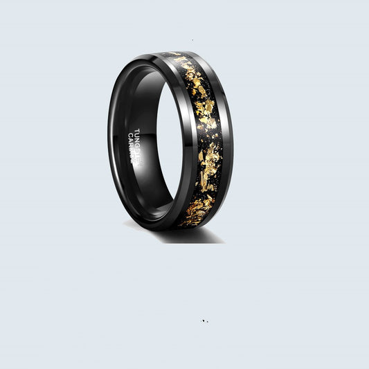Black tungsten ring with gold inlay on a light gray background
