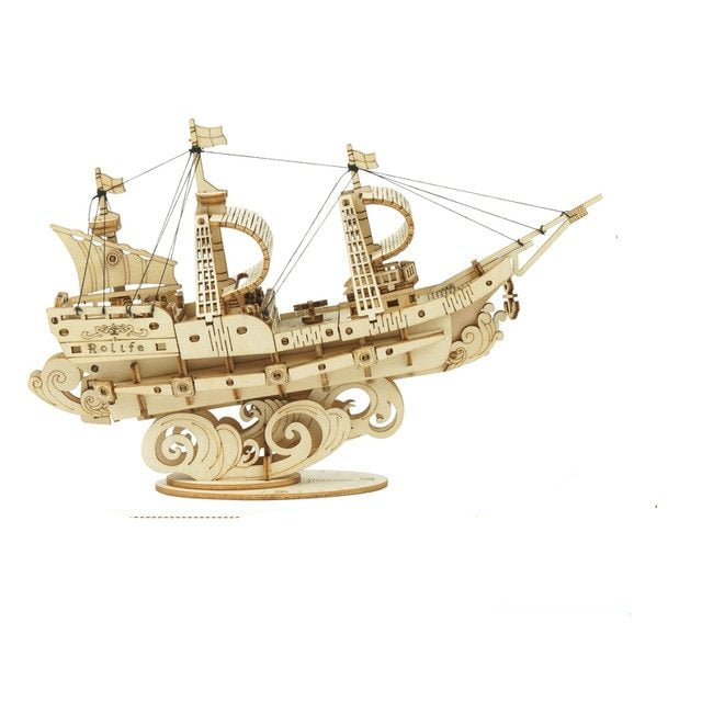 Wooden sailing ship model with measurements on a white background