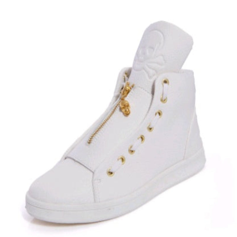 White high-top sneaker with gold zippers on a white background