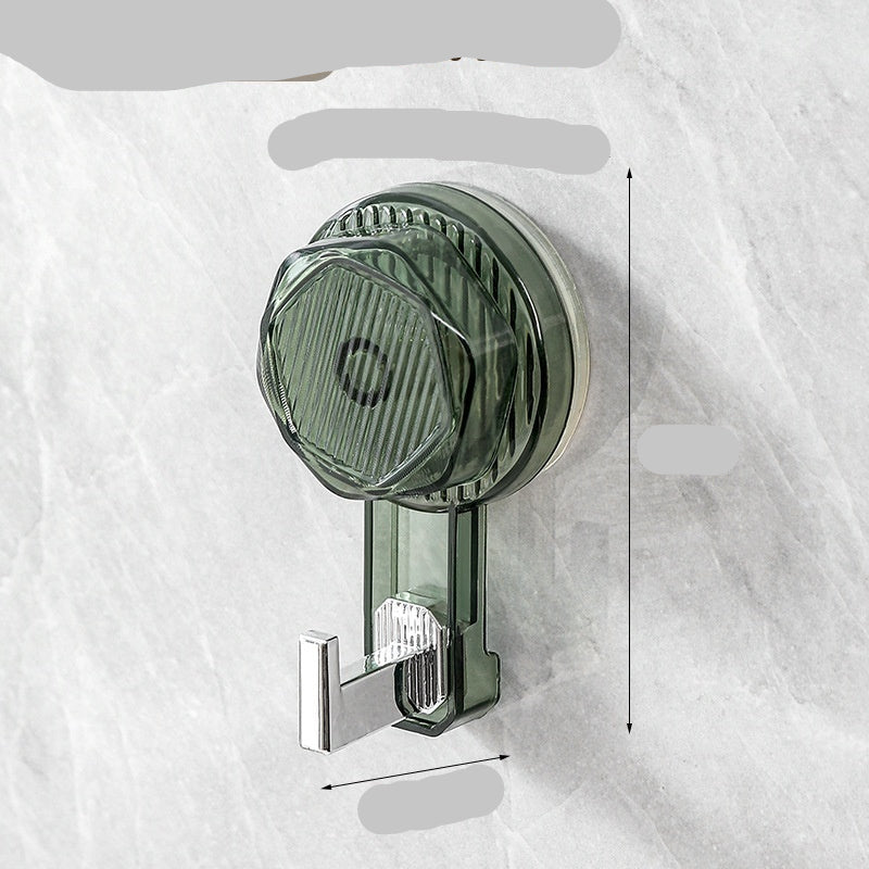 Green transparent suction cup hook with dimensions on a white background