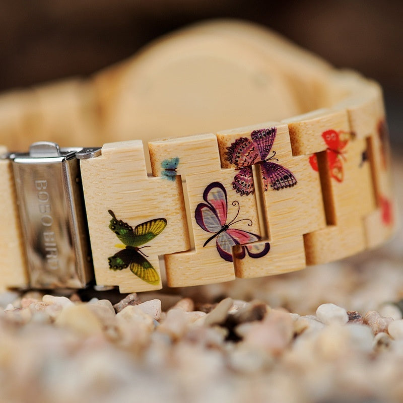 BOBO BIRD O20 Butterfly Print Women’s Bamboo Quartz Watch