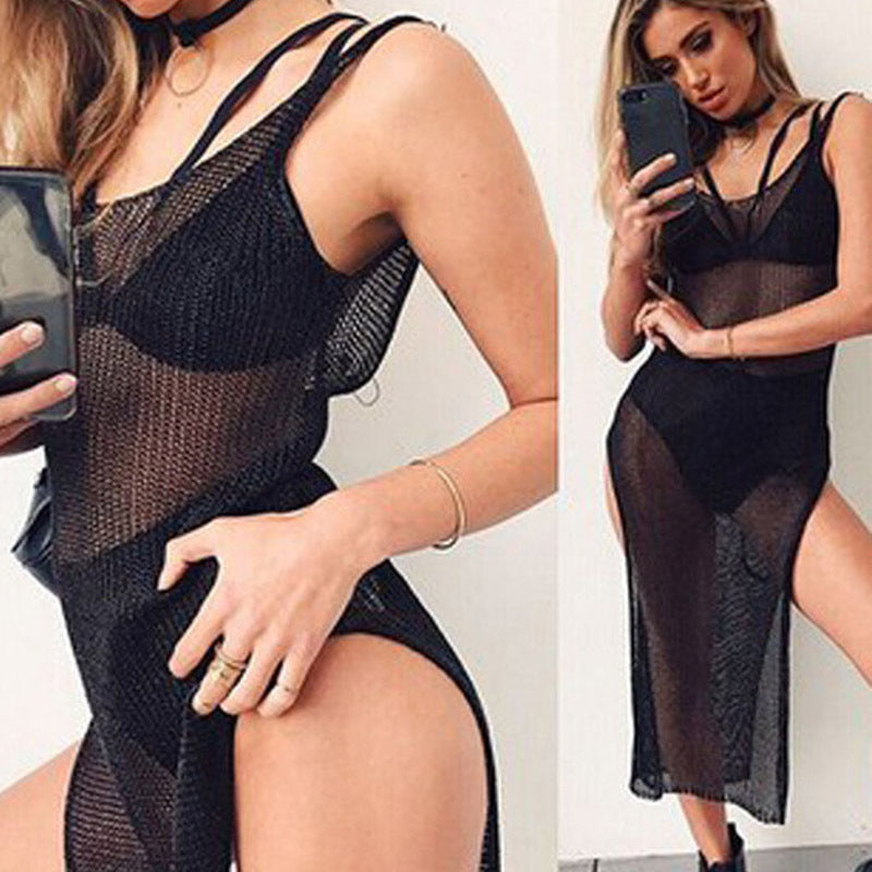 Two images of a woman wearing a black mesh dress with a slit, holding a phone.