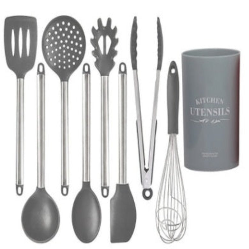 A set of silicone kitchen utensils and appliances with stainless steel handles, including a slotted spoon, solid spoon, pasta server, and other tools.