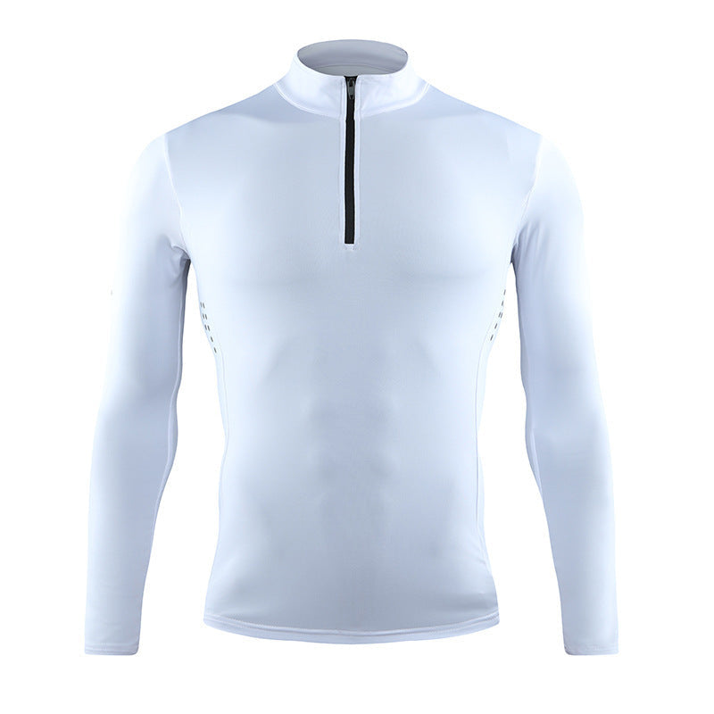 White long-sleeve shirt with a quarter zip on a mannequin against a white background.