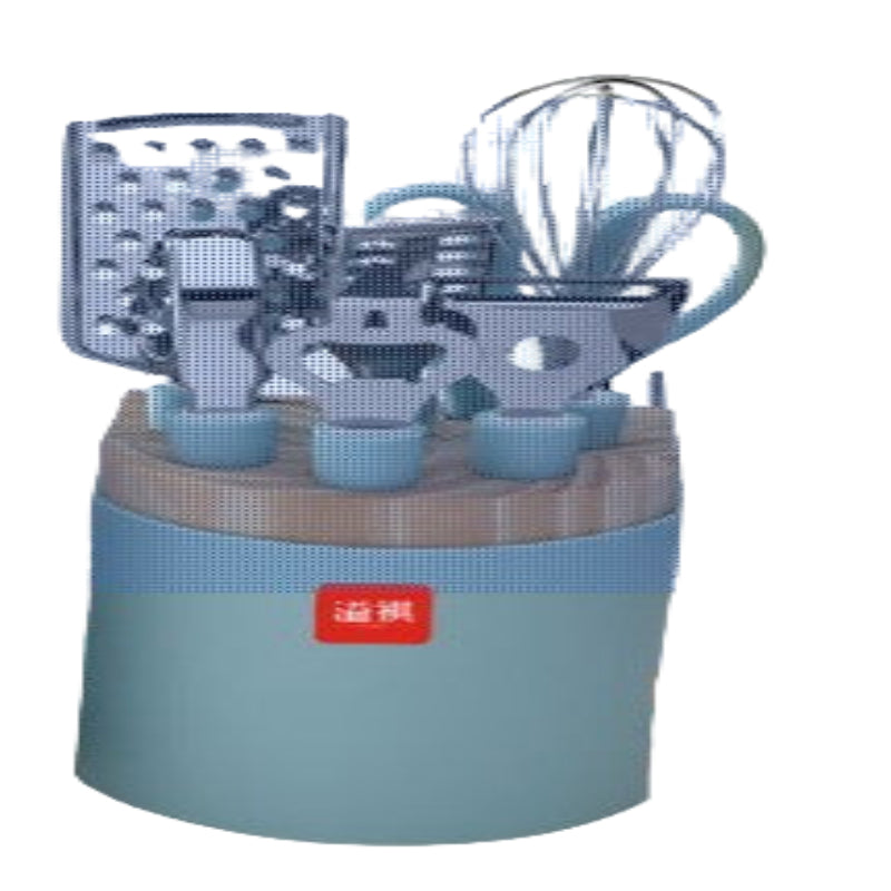 A set of six kitchen tools with stainless steel heads and blue or gray handles, including a pair of scissors, a peeler, a whisk, a grater, a opener, and a ladle.