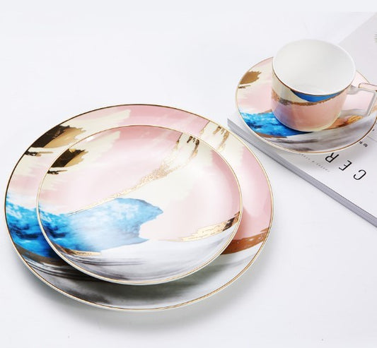 Watercolor Dessert Plates – Elegant Bone China with Real Gold Edge