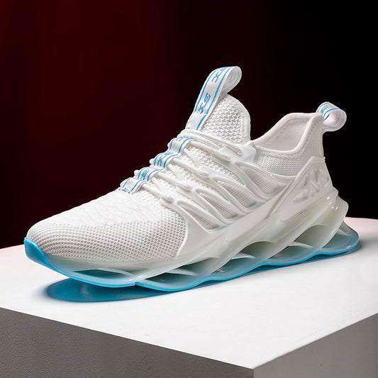 White and blue sneaker on a white platform with a dark background