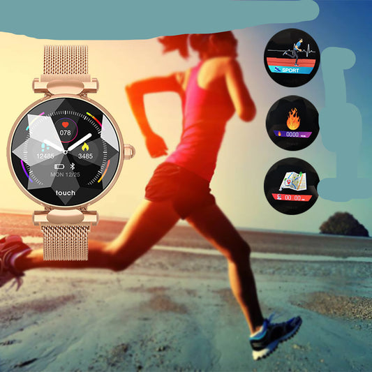 Smartwatch with fitness tracking features displayed, person running in the background