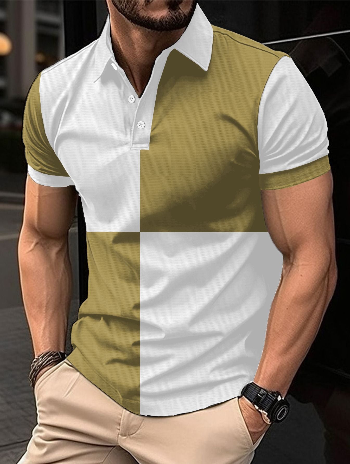 Casual Sports Short Sleeve Color Stitching Turnover Neck Polo Shirt for Men