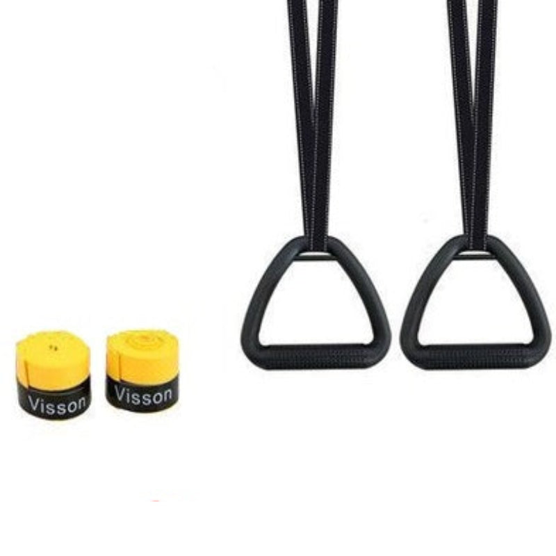 Two black trapeze straps with yellow ends and 'Visson' branding on a white background.