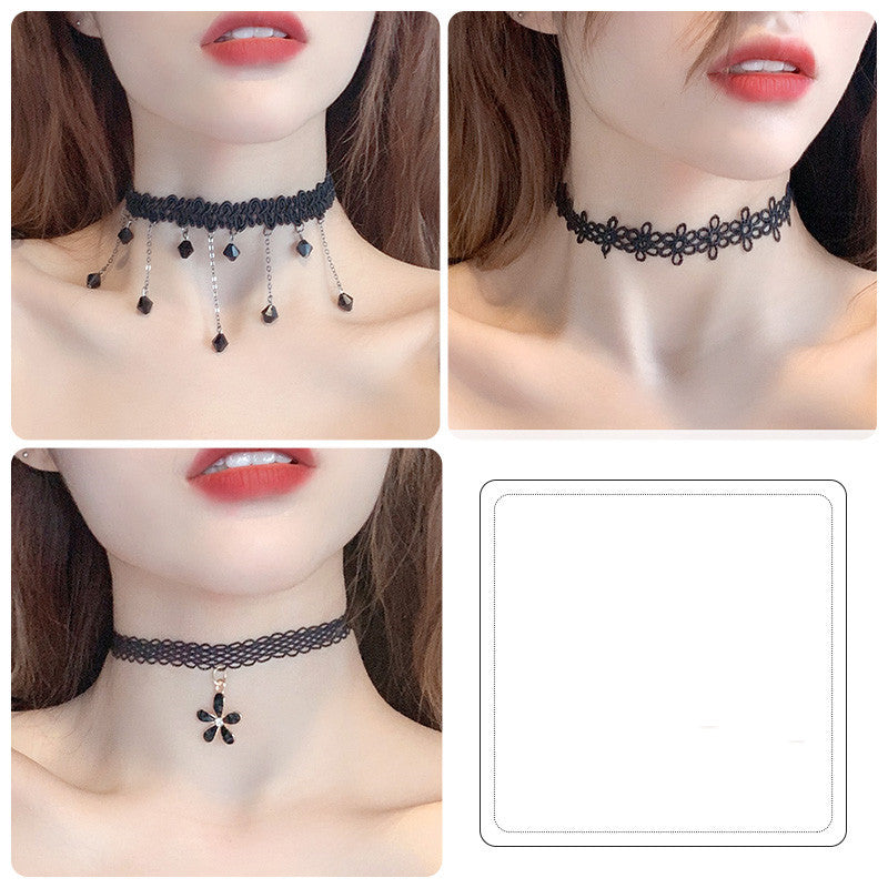 Black lace choker necklaces worn by a model with close-up details.