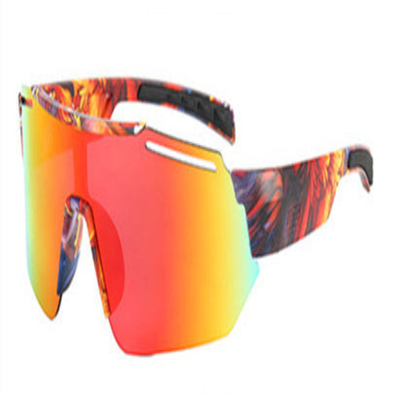 A pair of sporty sunglasses with a blue and multicolor frame and dark lenses suitable for outdoor activities.