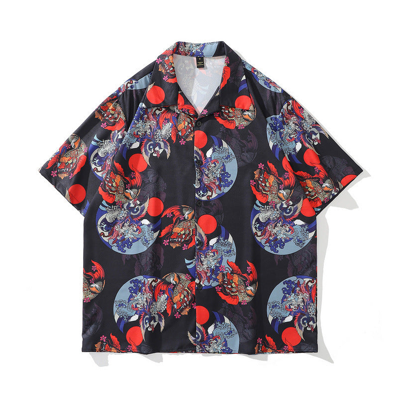 A short-sleeved chemical fiber shirt featuring a black and white floral pattern with a lapel collar.