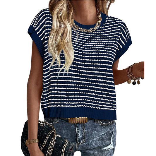 New Round Neck Knitted Top Casual Striped Contrast Color Sweater