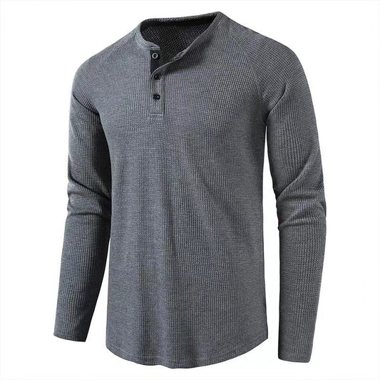Classic Waffle Henley T-Shirt - Men's Crew Neck Long Sleeve Slim Fit Tee