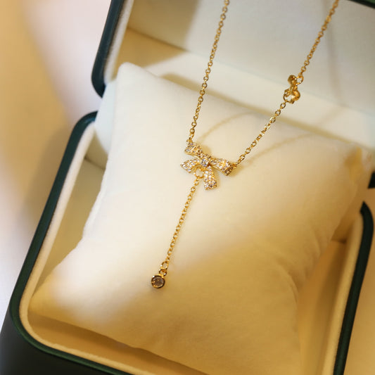Korean Style Bow Necklace for Women - Sweet Elegance Pendant with Mixed Gem Inlay