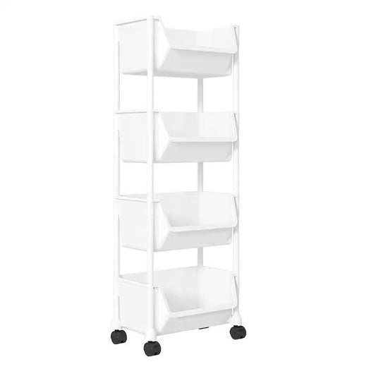 White storage cart with multiple shelves on a plain background