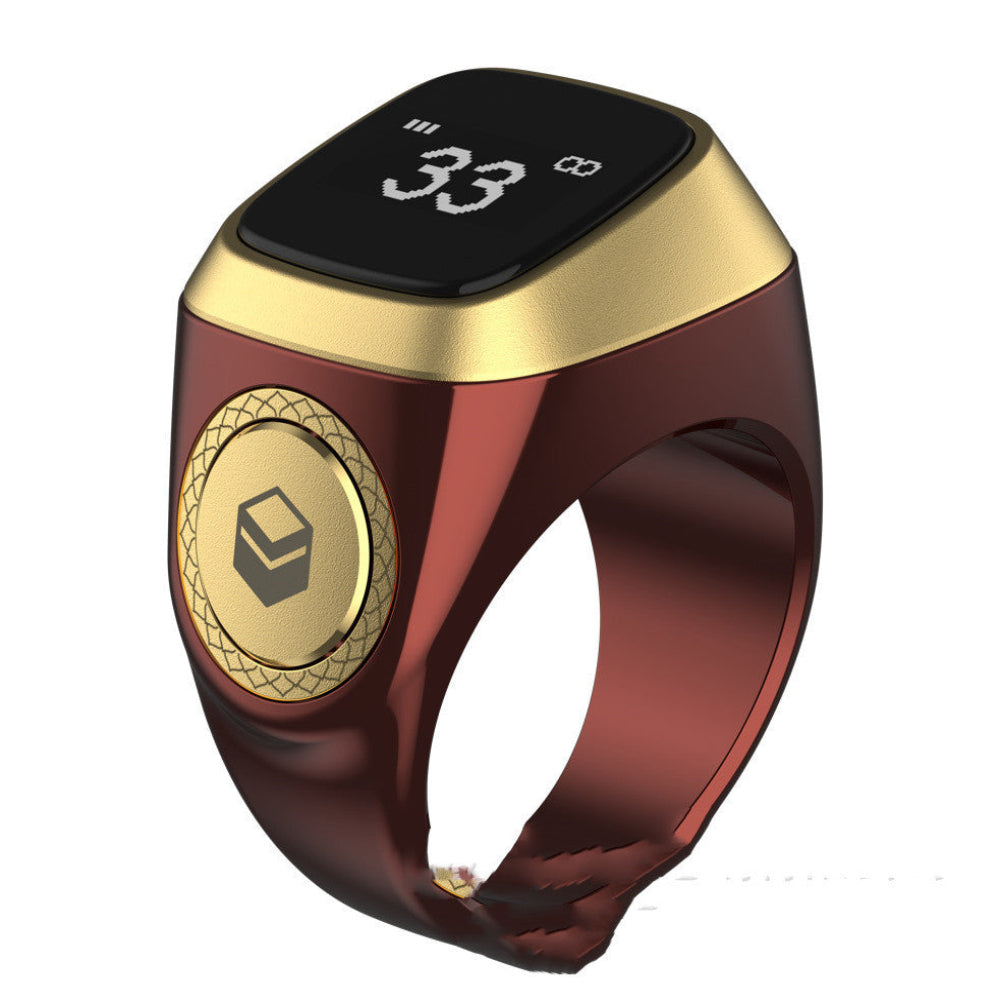 Gold and red smartwatch on a white background