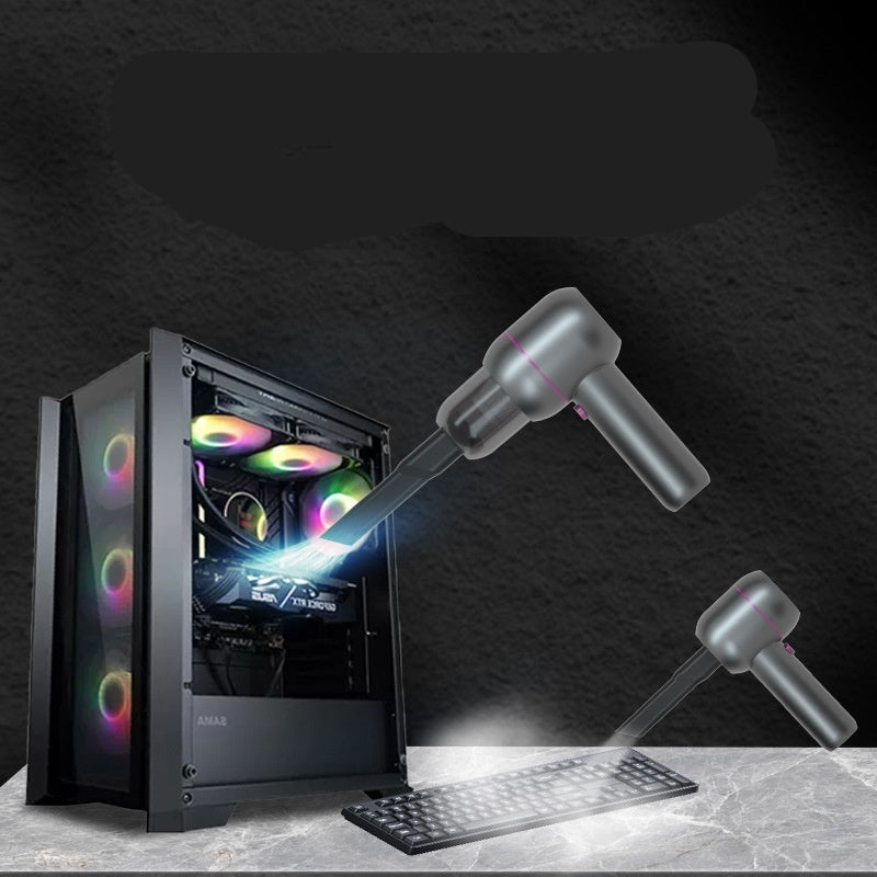 Computer case with RGB lighting being cleaned by a multi-purpose cleaning tool on a dark background.