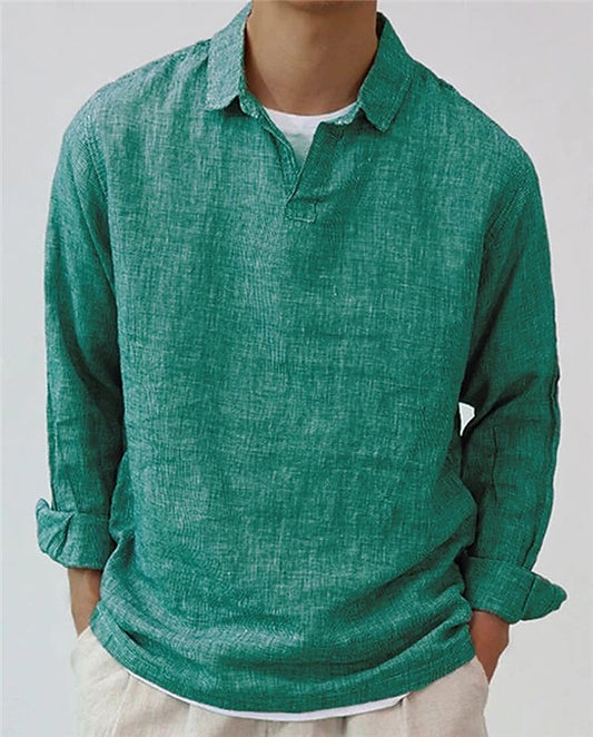 Three men's pullover shirts in rose red, dark green, and gray, displayed in different poses, all featuring long sleeves and a lapel collar.