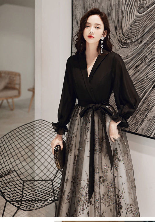 Black Evening Gown Women's Long Host Performance Formal Dress