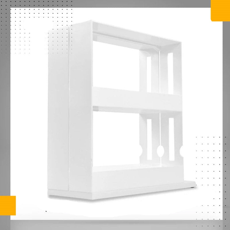 A white multi-function rotating storage rack filled with various kitchen spice bottles.
