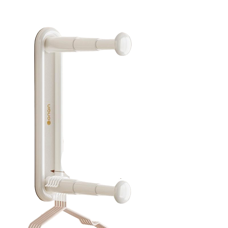White wall-mounted coat rack with two hooks on a white background