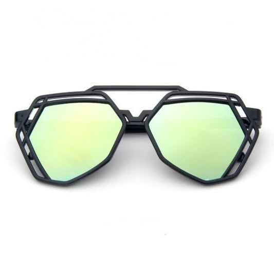 Sunglasses with a black frame and green-tinted lenses on a white background