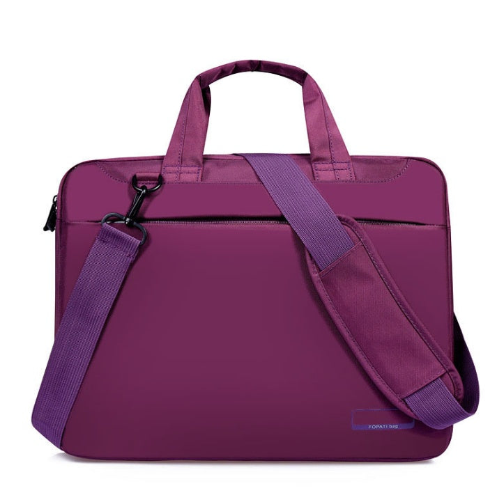 Purple laptop bag with shoulder strap on white background