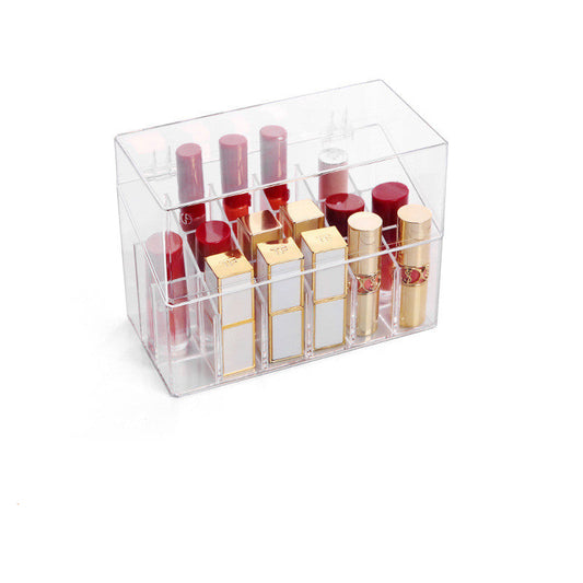 A clear plastic cosmetic storage box displayed containing various makeup brushes with dimensions of 21cm in height and 8cm in width.