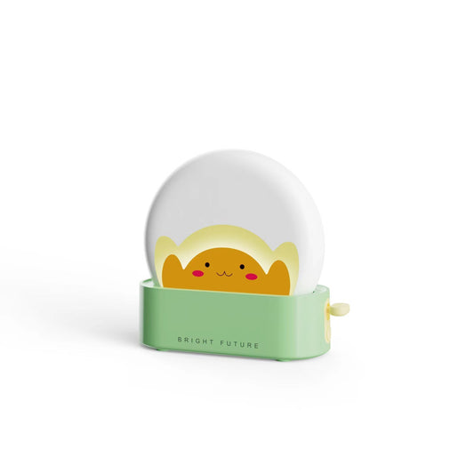 Small character inside a snowglobe with a green base on a white background