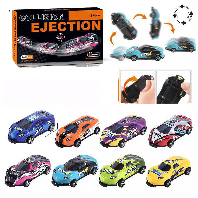 A collection of colorful alloy pull-back toy cars with a hand pointing to a purple car, indicating interaction or play.