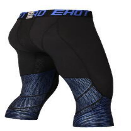 A black long sleeve men's compression shirt with blue geometric patterns on the back.