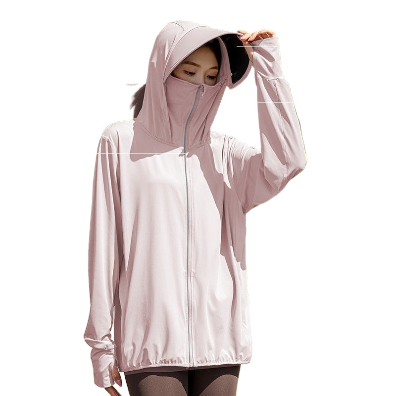 A person wearing a hooded UV-proof ice silk jacket in a light color, displaying the fabric's breathability and UV protection features.