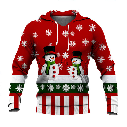Red hoodie with snowmen and snowflake patterns on a white background