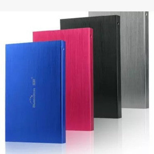 Four hard drives in blue, pink, black, and silver colors on a reflective surface.