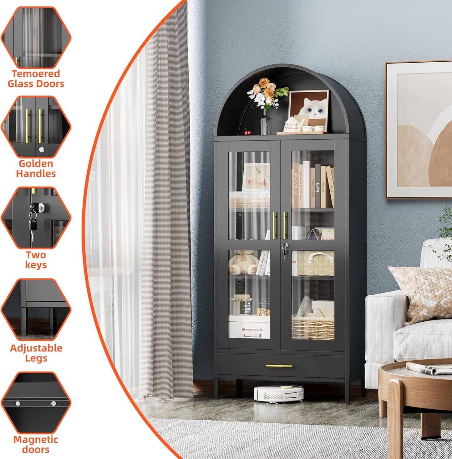 Metal Arched Display Cabinet With Lock, Modern Arch Kitchen Pantry Storage Cabinet With Glass Doors 1 Drawer For Living Room, Bookshelf, Assembly Required Black
