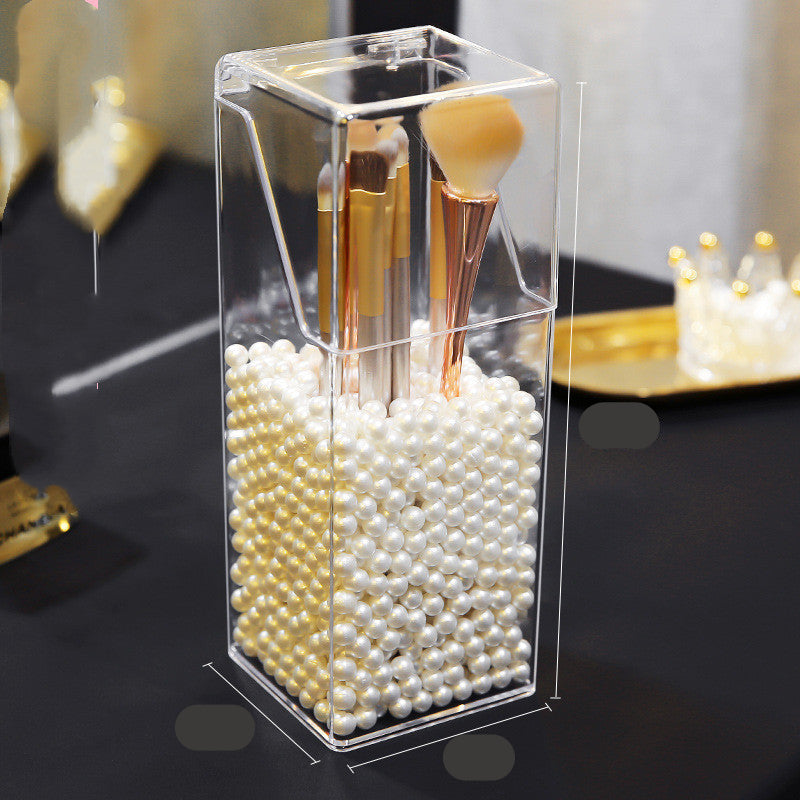 A clear plastic cosmetic storage box displayed containing various makeup brushes with dimensions of 21cm in height and 8cm in width.